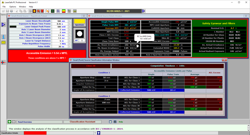 Example of Small Source (Intra-beam) viewing input screen with repetitively pulsed source to EN60825