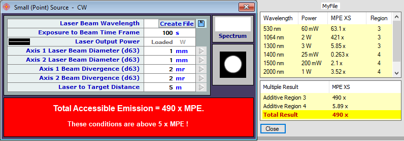 Example of Small Source (Intra-beam) viewing input screen with repetitively pulsed source to EN60825